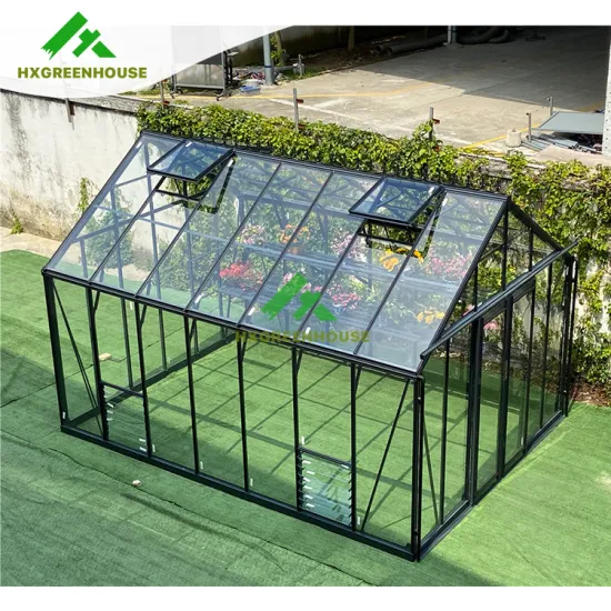 Marco de aluminio de metal al aire libre Casa verde Patio trasero Mini invernadero Victoriano Jardín de vidrio comercial Invernadero usado para la venta